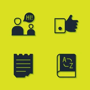 Set Two sitting men talking, Translator book, Notebook and Hand like icon Stock Illustration