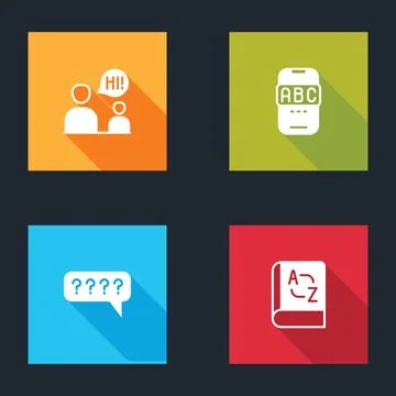 Set Two sitting men talking, Foreign language online study, Speech bubbles with Stock Illustration