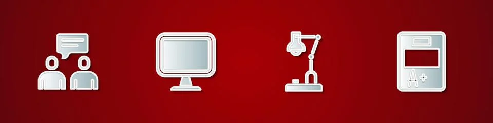 Set Two sitting men talking, Computer monitor, Table lamp and Exam sheet with A Illustrazione stock
