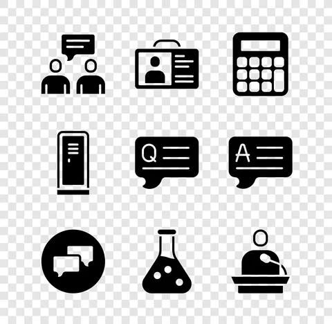 Set Two sitting men talking, Identification badge, Calculator, Speech bubble Stock Illustration