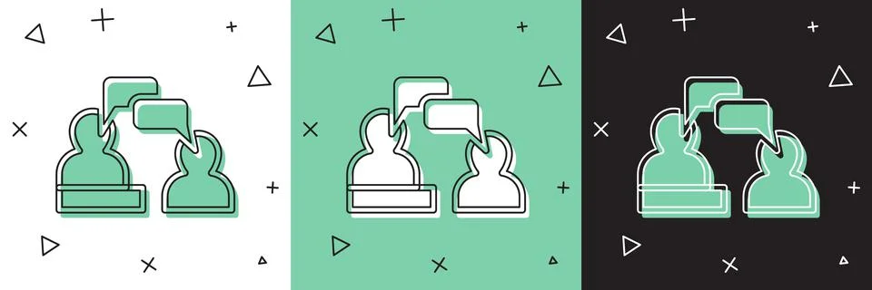 Set Two sitting men talking icon isolated on white and green, black background Stock Illustration
