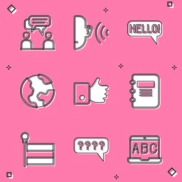Set Two sitting men talking, Ear listen sound signal, Hello different languages Stock Illustration