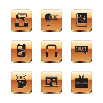Set Two sitting men talking, Learning foreign languages, Foreign online study Stock Illustration