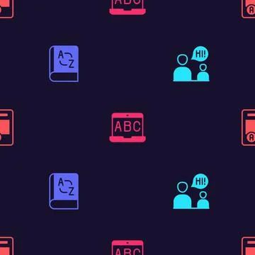 Set Two sitting men talking, Translator book, Foreign language online study a Stock Illustration