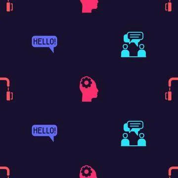 Set Two sitting men talking, Hello different languages, Head with gear insi.. Stock Illustration