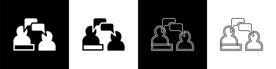Set Two sitting men talking icon isolated on black and white background. Spee Stock Illustration
