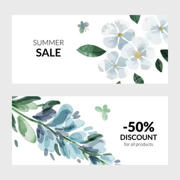 Set of two summer banners with blue watercolor florals Stock Illustration