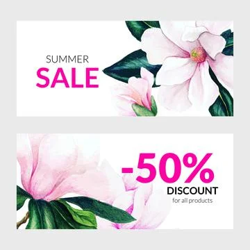 Set of two summer banners with pink magnolia flowers Stock Illustration