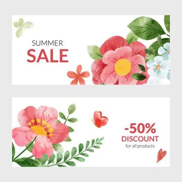 Set of two summer banners with red watercolor florals Stock Illustration