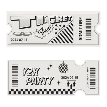 Set of two ticket templates in trendy retro style. Y2k style party ticket with Stock Illustration
