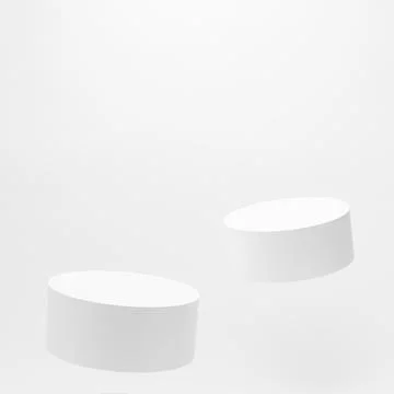 Set of two tilt round white podiums mockup for cosmetic products, levitate on Stock Illustration