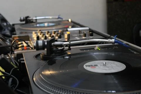 Set of Two Turntables with a DJ Mixer Stock Photos