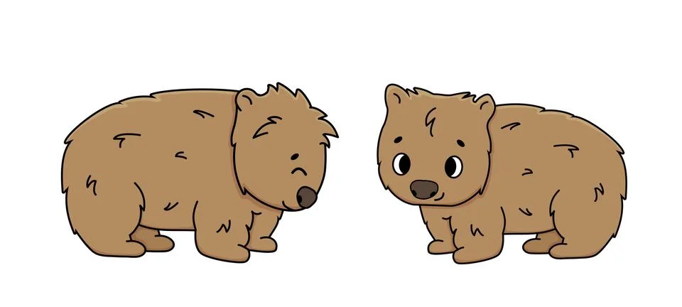 Set of two vector cute outline brown wombats. Isolated cartoon animals on whi Stock Illustration