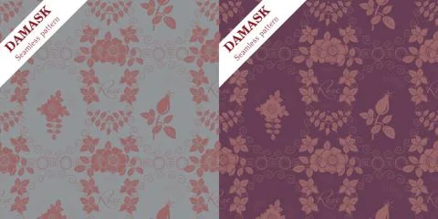 Set of two vector Damask seamless ornaments with wild rose motif Illustrazione stock