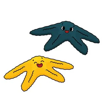 Set of two vector outline cartoon colorful sea stars or Starfish with eyes, s Stock Illustration