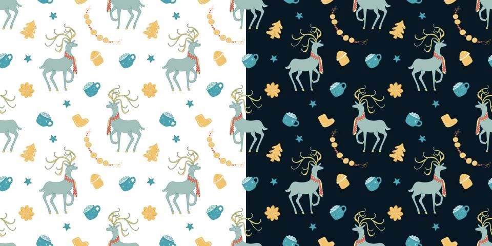 Set with two vector seamless patterns with Christmas deers. Stock Illustration