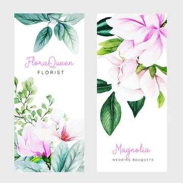 Set of two vertical banners with pink magnolia flowers and leaves Stock Illustration
