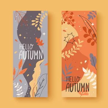 Set of two vertical banners in warm colors with falling autumn leaves Stock Illustration