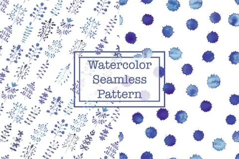 Set of two watercolor seamless patterns, blue color. Stock Illustration