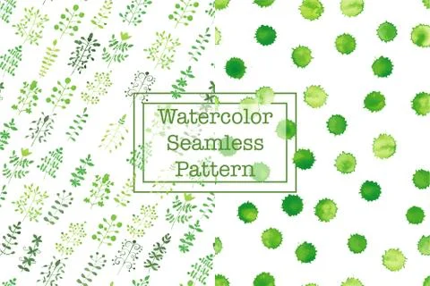 Set of two watercolor seamless patterns, green color. Stock Illustration