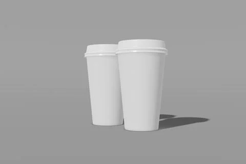 Set of two white paper mockup cup with a lid on a grey background. 3D renderi Stock Photos