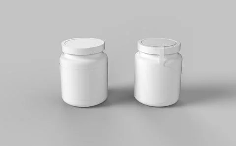 Set of two white plastic jar with cup for sport protein vitamins and tablets  Stock Illustration