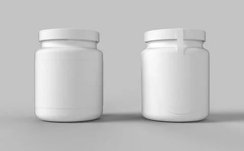 Set of two white plastic jar with cup for sport protein vitamins and tablets  Stock Illustration