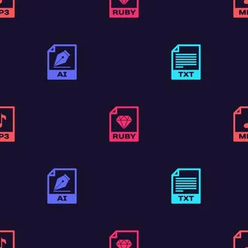 Set TXT file document, AI, RUBY and MP3 on seamless pattern. Vector Stockillustratie