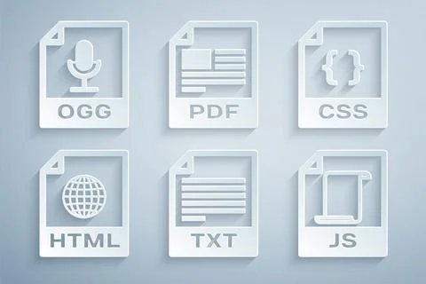 Set TXT file document, CSS, HTML, JS, PDF and OGG icon. Vector イラスト素材