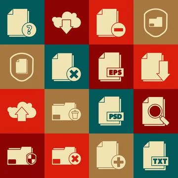 Set TXT file document, Document with search, download, minus, Delete, protection Stock Illustration