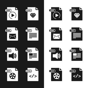 Set TXT file document, EML, GIF, RUBY, WMA, PDF, HTML and AVI icon. Vector Illustrazione stock