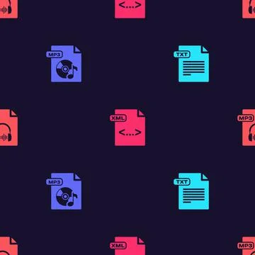 Set TXT file document, MP3, XML and on seamless pattern. Vector 스톡 일러스트