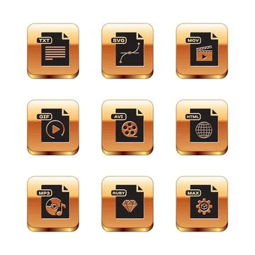 Set TXT file document, MP3, RUBY, AVI, GIF, MOV, MAX and SVG icon. Vector Stock Illustration