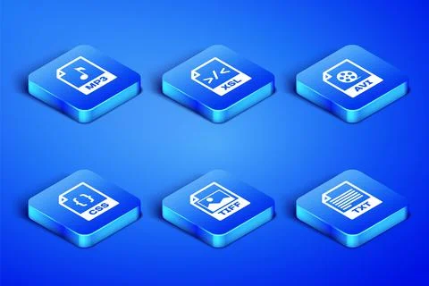Set TXT file document, MP3, TIFF, CSS, XSL and AVI icon. Vector Stock Illustration