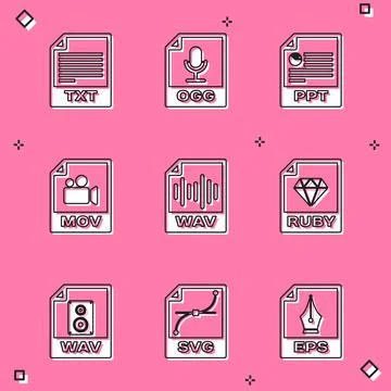 Set TXT file document, OGG, PPT, MOV, WAV and RUBY icon. Vector Illustrazione stock