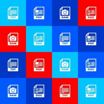 Set TXT file document, PDF, RAW and DOC icon. Vector Stock Illustration