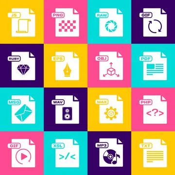 Set TXT file document, PHP, PDF, RAW, EPS, RUBY, JS and OBJ icon. Vector イラスト素材