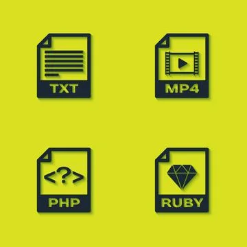 Set TXT file document, RUBY, PHP and MP4 icon. Vector Stock Illustration