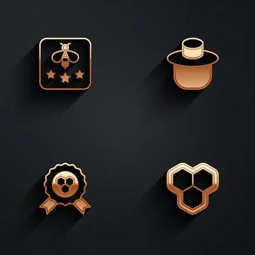 Set Type of bee, Beekeeper with protect hat, Honey award and Honeycomb icon with Ilustración de archivo