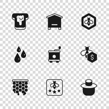 Set Type of bee, Sale bees, Beekeeper with protect hat, Honey extractor, an.. Ilustración de archivo