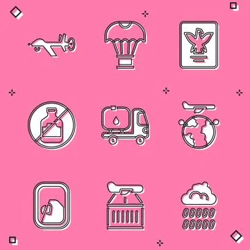 Set UAV Drone, Box flying parachute, Passport, No alcohol, Fuel tanker truck 库存插图