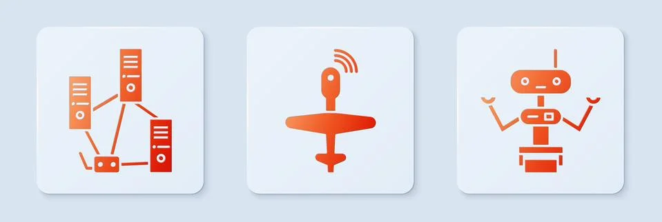 Set UAV Drone, Computer network and Robot. White square button. Vector Illustrazione stock