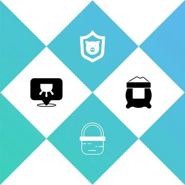Set Udder, Basket, Shield with pig and Bag of flour icon. Vector Stock Illustration
