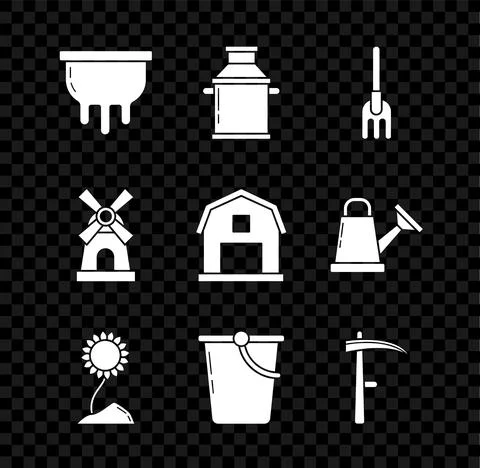 Set Udder, Can container for milk, Garden rake, Sunflower, Bucket, Scythe Illustration