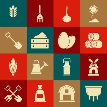 Set Udder, Windmill, Roll of hay, Onion, Wooden box with harvest, Shovel Stock Illustration