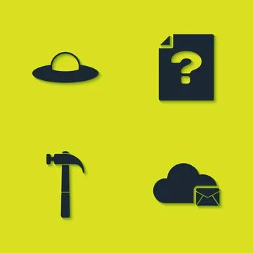 Set UFO flying spaceship, Cloud mail server, Hammer and Unknown document icon 库存插图
