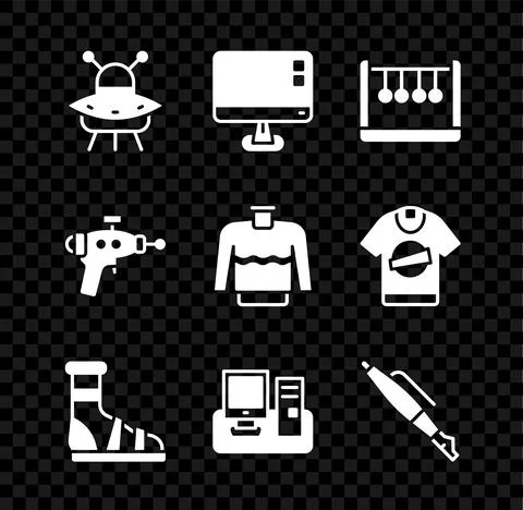 Set UFO flying spaceship, Computer monitor screen, Pendulum, Slippers with socks イラスト素材