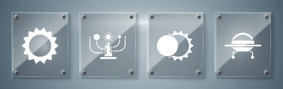 Set UFO flying spaceship, Eclipse of the sun, Solar system and Sun. Square .. Illustrazione stock