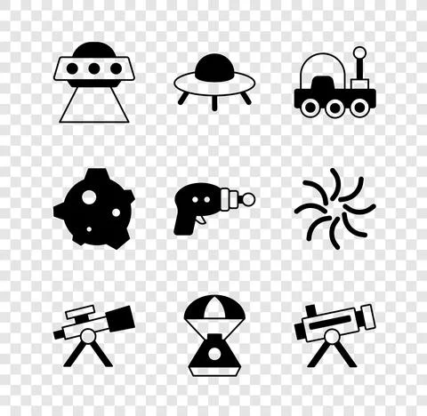 Set UFO flying spaceship, Mars rover, Telescope, Space capsule, Asteroid and Ray Stock Illustration