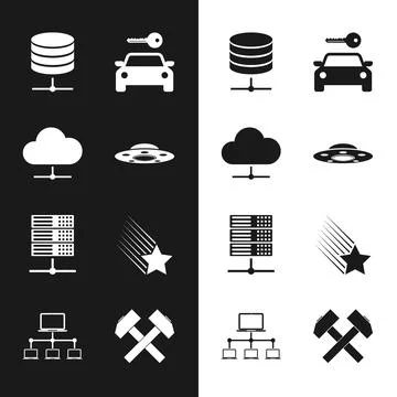 Set UFO flying spaceship, Network cloud connection, Server, Data, Web Hosting Illustrazione stock